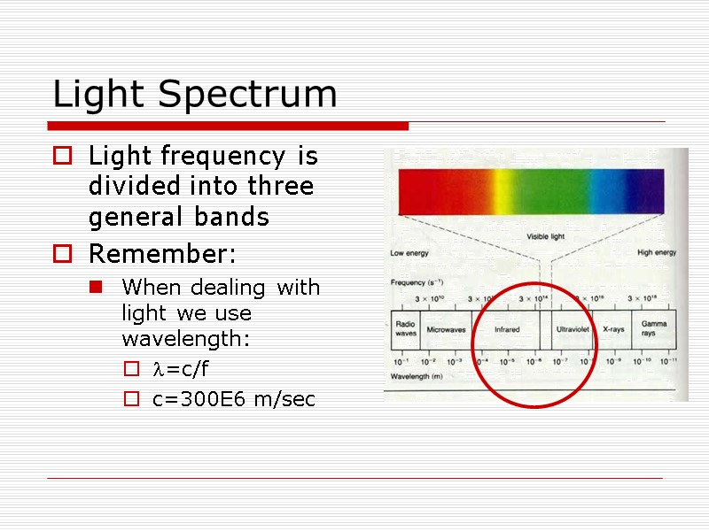 Light Spectrum  Light frequency is divided into three general bands Remember: When dealing